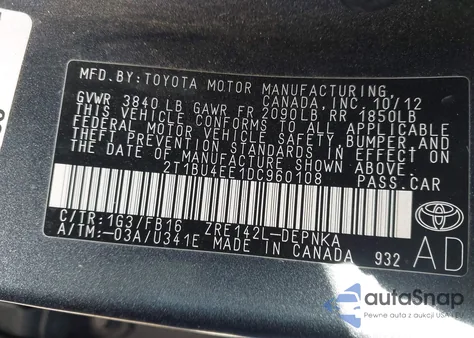 2013 Toyota Corolla Le из США, поврежденный, VIN 2T1BU4EE1DC960108